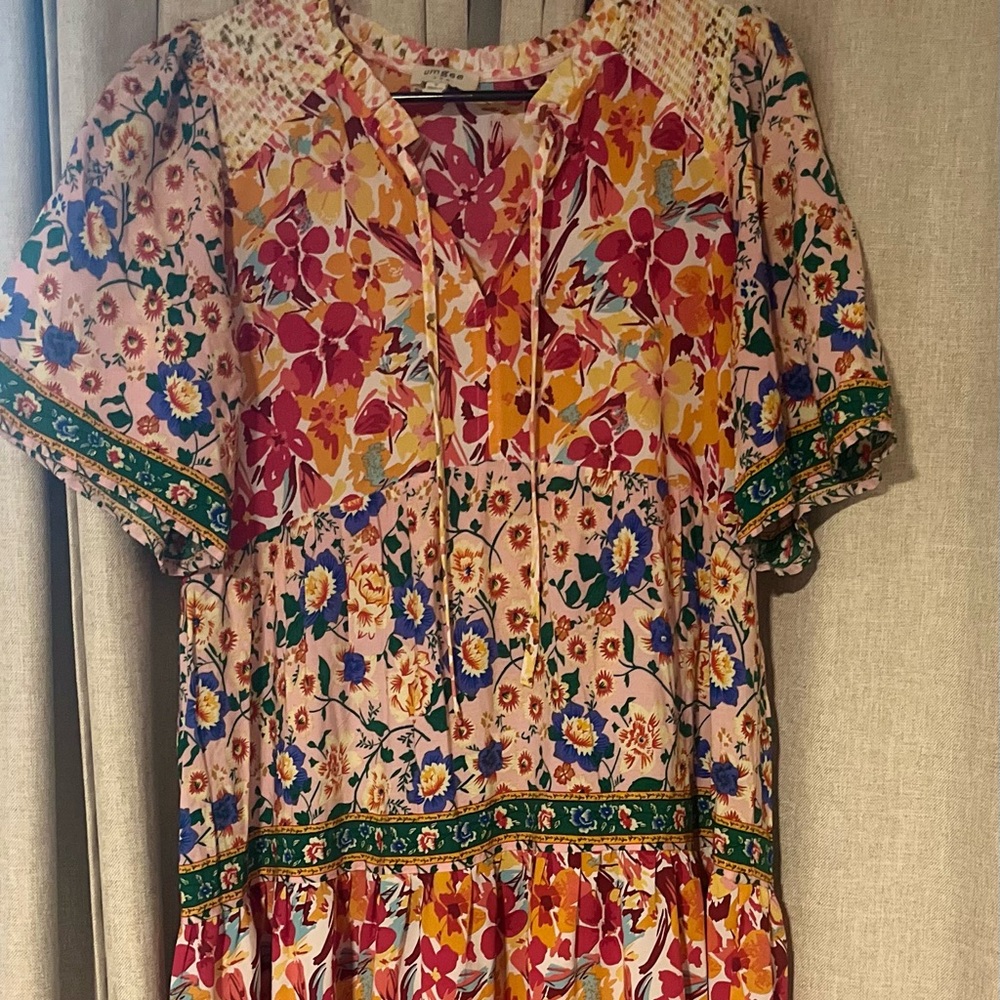 UMGEE Boho Floral Patchwork Dress Size S Smocked Tie Neck - Picture 2 of 7